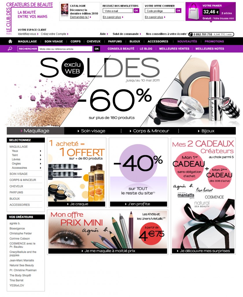Création graphique de l'opération marketing des soldes pour le site de vente par correspondance de produits de beauté.