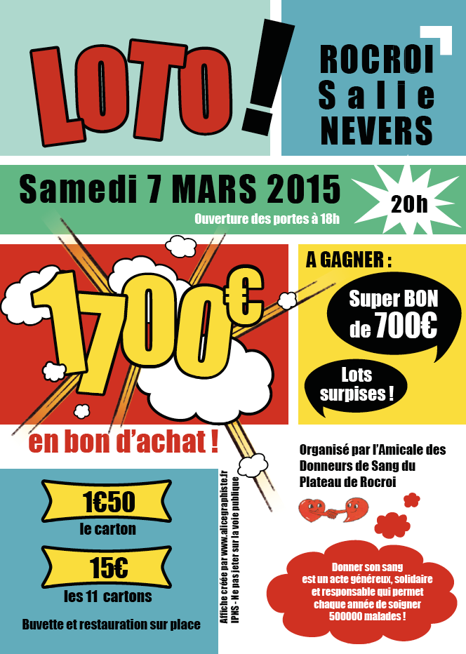 Affiche pour un loto au profit de l'Amicale des Donneurs de sang bénévoles du Plateau de Rocroi (Ardennes)